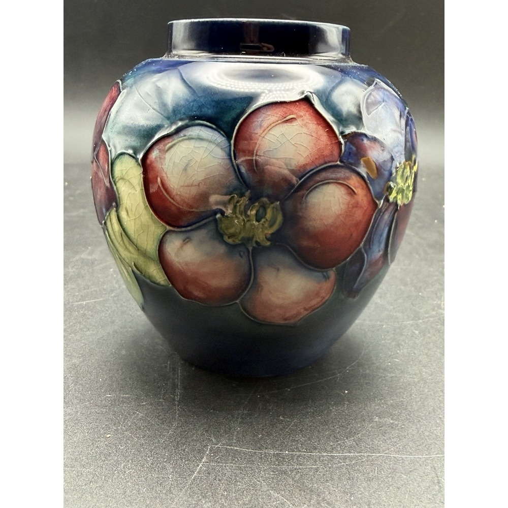 Vintage Walter Moorcroft Clematis Cobalt Blue Squat Vase 4" England 1950s